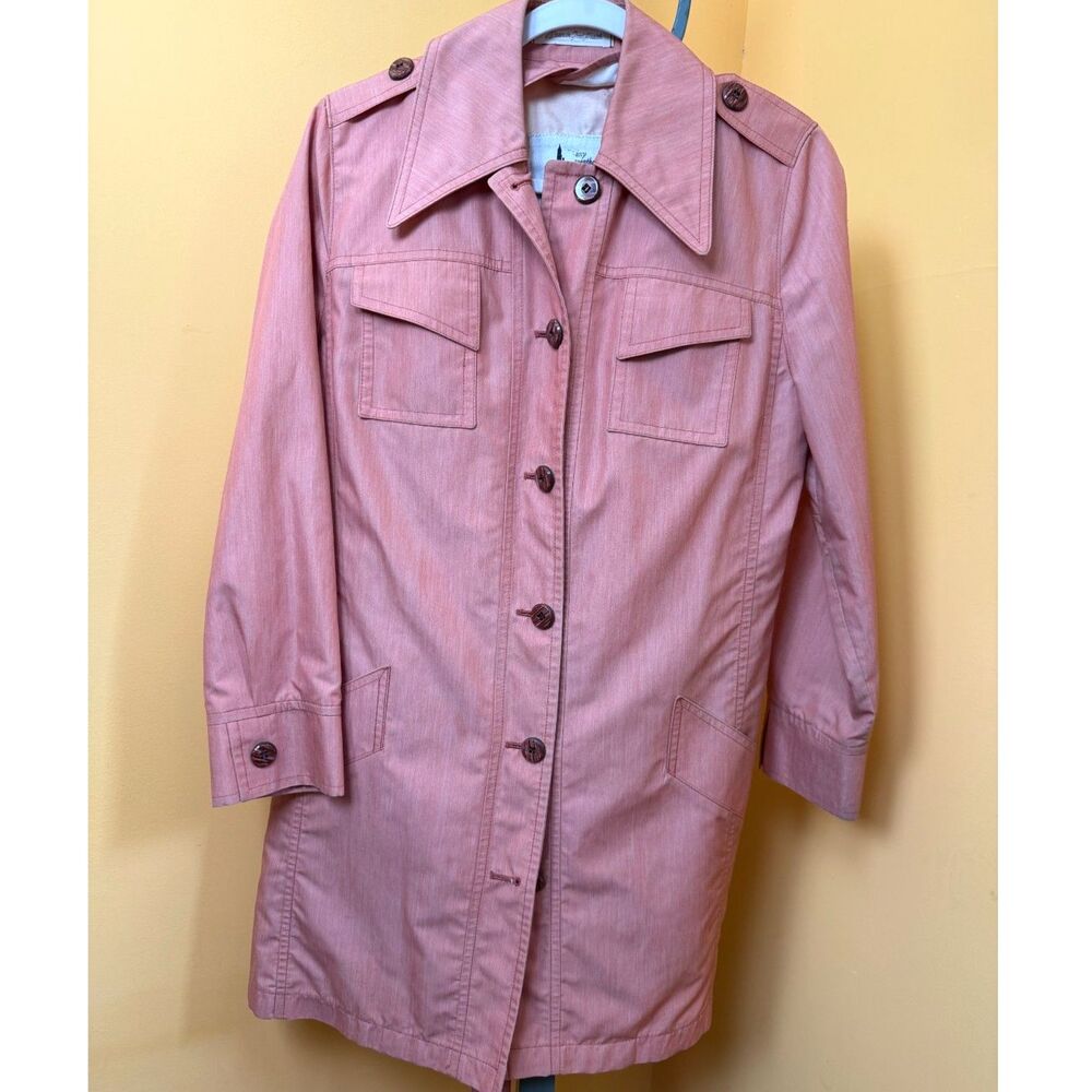 Vtg 70s Misty Harbor Any Weather Trench Coat Pink Mod Pointed Collar Womens Sz 8